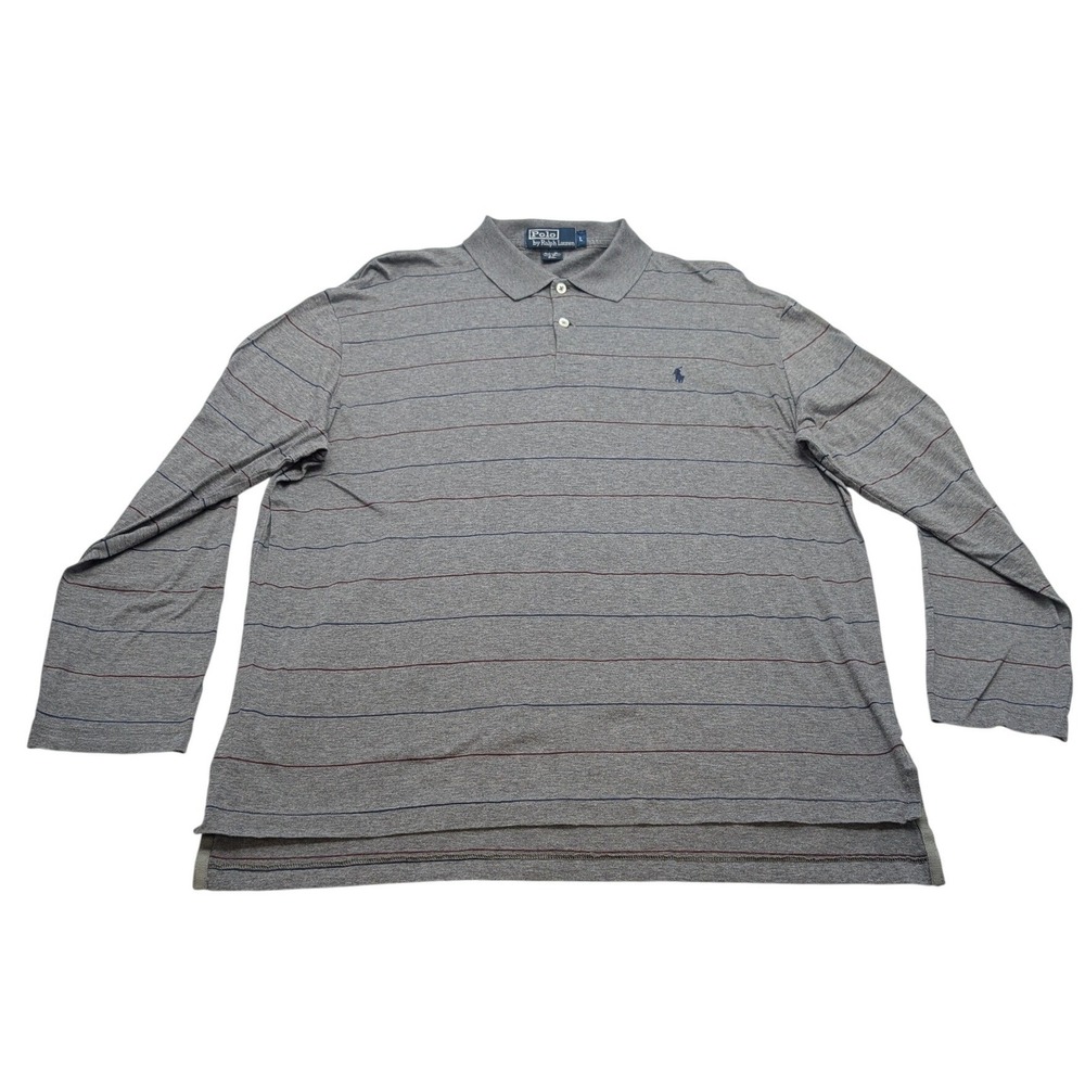 Polo Ralph Lauren Polo Shirt Mens L Grey Striped Long Sleeve Pima Cotton